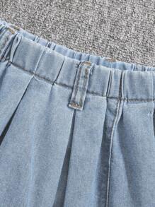 SHEIN Baby Girls' Elastic Waist Denim Skirt With Pleats