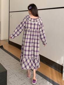 DAZY 女士彼得潘领格子睡裙 - 紫色 - 查看 2