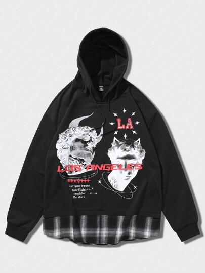 Goth Men Letter Character Print Drawstring Hooded Sweatshirt