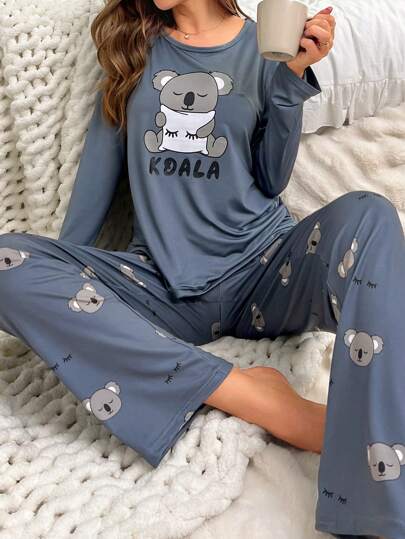 Koala Printed Long Sleeve T-Shirt And Pants Pajama Set, Fall Winter Clothes Cozy And Elegant Details