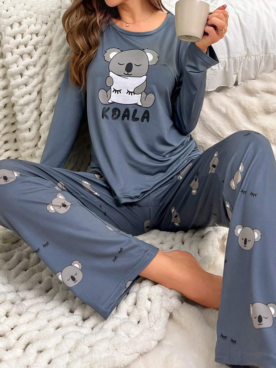 Koala Printed Long Sleeve T-Shirt And Pants Pajama Set, Fall Winter Clothes Cozy And Elegant Details - Blue - View 1