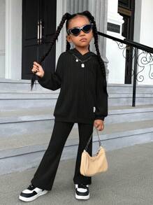 SHEIN 年輕女孩休閒舒適連帽衛衣套裝 - 黑色 - 查看 4