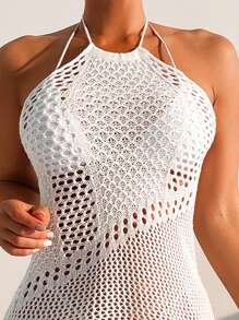 SHEIN 女式掛脖繫帶罩衫連身裙 - 白色 - 查看 3