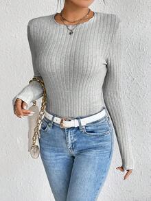 SHEIN Frenchy Women's Solid Color Ribbed T-shirt - Grey - View 5