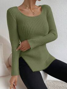 SHEIN Frenchy Của phụ nữ Màu thuần Tay áo dài Sọc Áo len Với Khâu Chi tiết - màu xanh lá - Xem 4