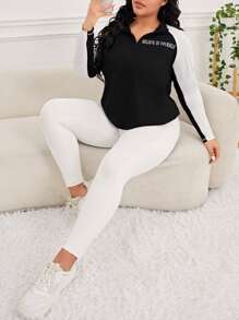 SHEIN Golf Casual 大碼標語圖案拼接插肩袖半拉鏈運動衛衣 - 黑與白 - 查看 6