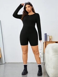 SHEIN EZwear Ladies' Solid Color Round Neck Long Sleeve Backless Jumpsuit Jumpsuit - Black - View 5
