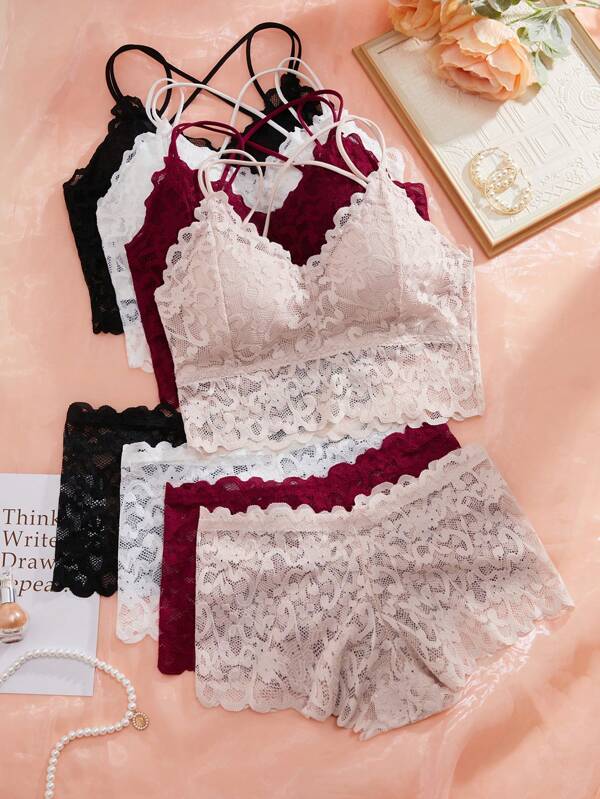 Shein Underwear&Sleepwear Basics 4قطعة/مجموعة مجموعة سِروال وصدريه لاسيه لاسلكي مجموعة ملابس داخلية نسائية مثيرة