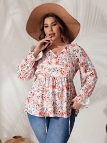 SHEIN VCAY Women's Plus Size Floral Print Tie Neck Ruffle Sleeve Blouse - White - View 4
