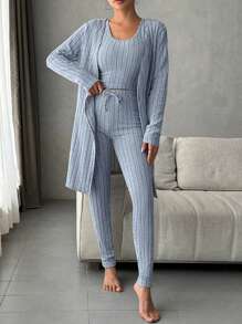 Ladies' Solid Color Rib Knit Tank Top, Long Pants And Cardigan Three-piece Set For Home