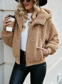 SHEIN LUNE Women's Solid Color Hooded Plush Padded Padded Coat Clothes Winter With Zipper Fall Cloth For Women