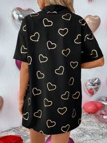 SHEIN LUNE Women's Heart Pattern Shirt And Drawstring Shorts Two-piece Set - Black - View 2