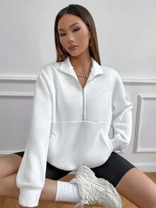 SHEIN Unity Letter Embroidered Stand Collar Sweatshirt - White - View 4