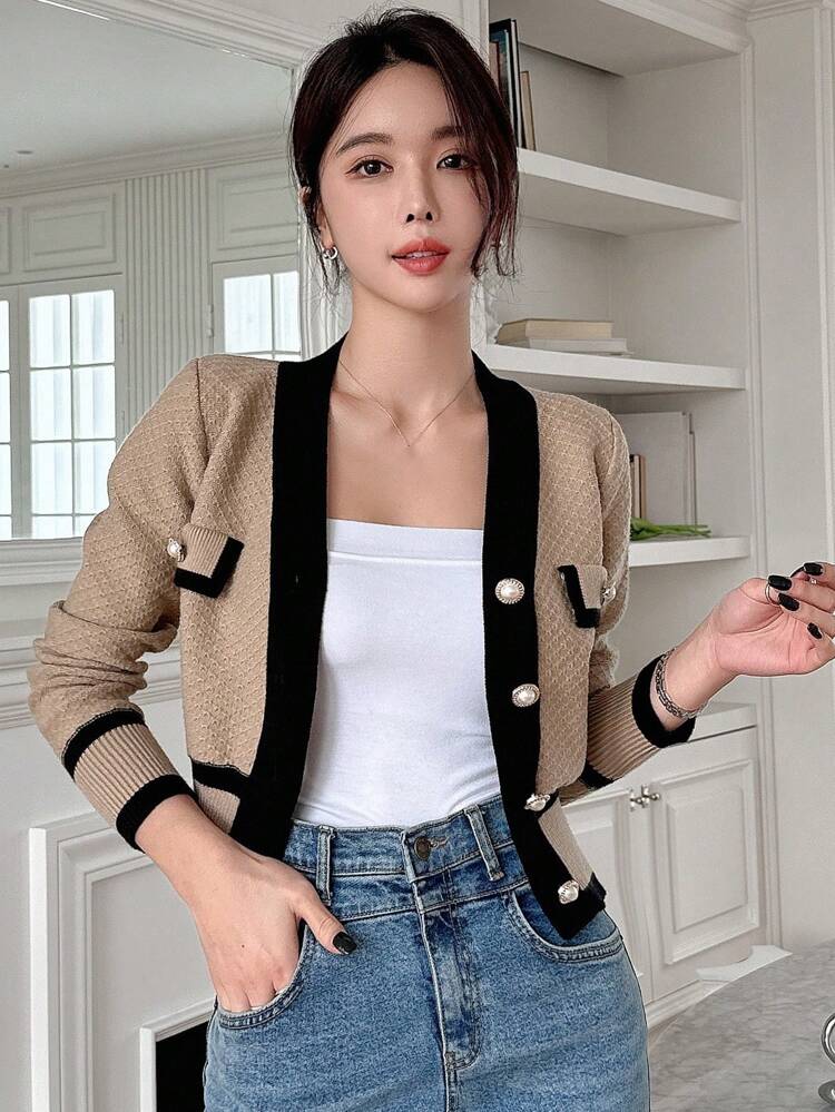 Color-Block Casual Business Cardigan With Trim, Autumn/Winter