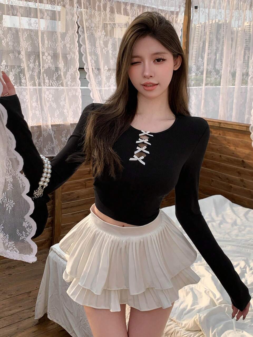 Valentine's Day Women's Hollow Out Bowknot T-Shirt Long Sleeve Women Tops