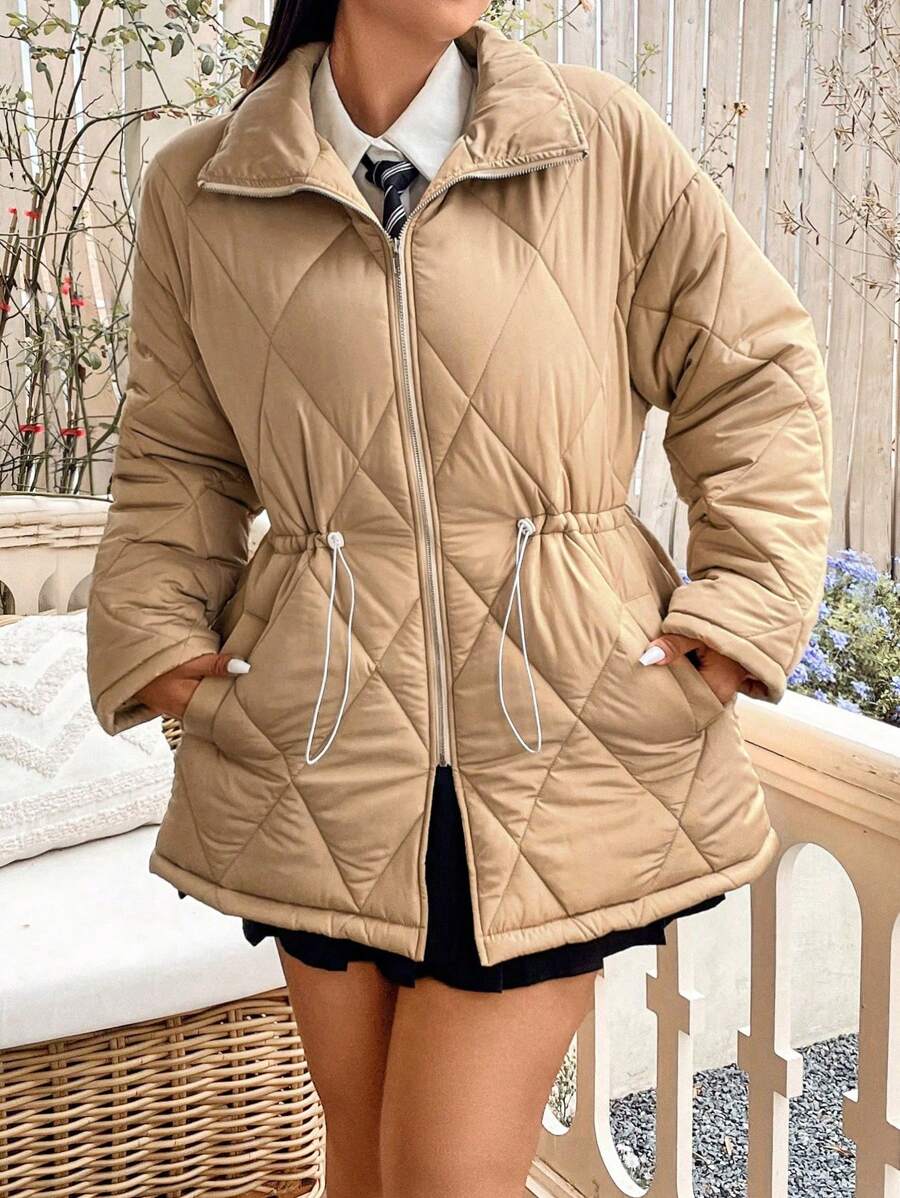Flirla Plus Drawstring Waist Drop Shoulder Padded Padded Coat Clothes Winter - Apricot - View 1