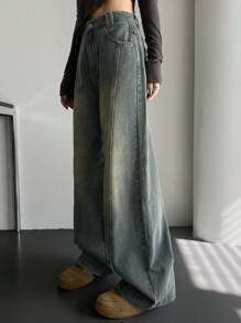 DAZY 女式闊腿牛仔褲 - 深色水洗藍 - 查看 2