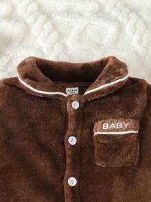 SHEIN Baby Boy Letter Embroidery Contrast Piping Flannel PJ Set - Coffee Brown - View 7