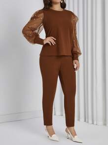 SHEIN Privé Women's Plus Size Round Neck Mesh Splice Top And Slim Fit Pants Two Pieces Set - Rust Brown - View 1