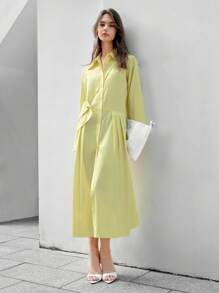 Anewsta Ladies' Plain Color Shirt Dress - Yellow - View 7