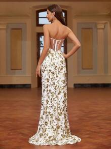 SHEIN Belle Golden Printed, See Through, Mermaid Evening Dress For Women, Featuring Fishbone And Strapless Design - Multicolor - View 4