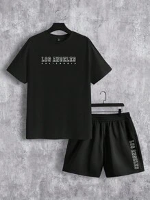 GENTILAND Men Plus Size Text Printed T-Shirt And Shorts Two-Piece Set - Black - View 2