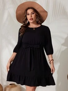 SHEIN VCAY Plus Size Round Neck Lantern Sleeve Dress With Belt