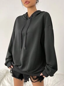 SHEIN EZwear Women's Hooded Sweatshirt With Slogan Print And Drawstring - Dark Grey - View 5