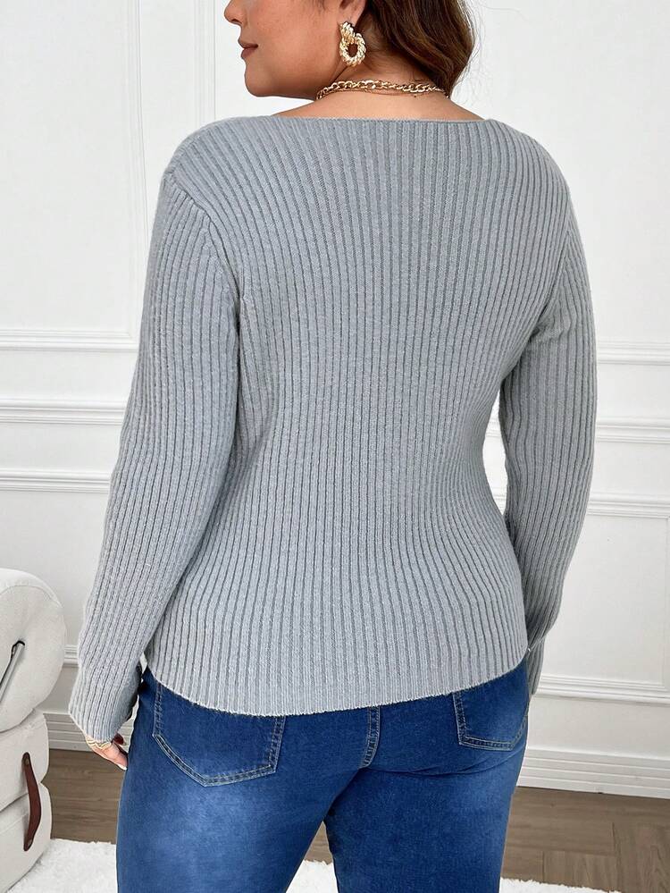 Women's Plus Size V Neck Solid Color Casual Basic Sweater Knit Pullover Fall Winter Sweater