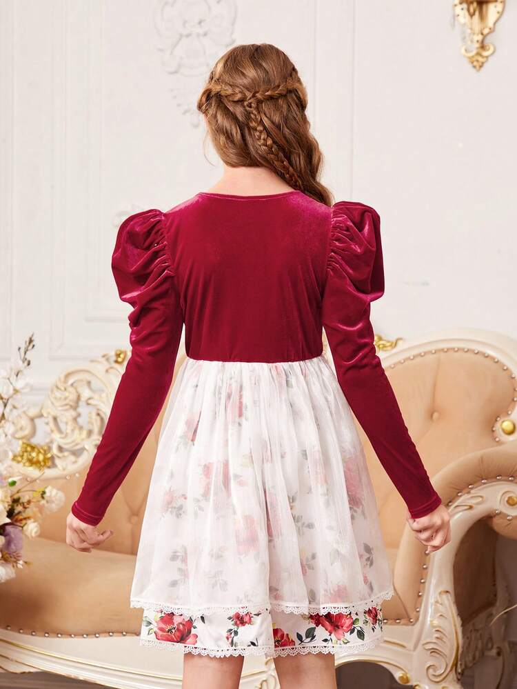 Girls' Knit Plain Short Plush Round Neck Elegant Dress