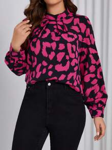 SHEIN Clasi 豹紋印花大碼燈籠袖襯衫 - 玫紅色 - 查看 1