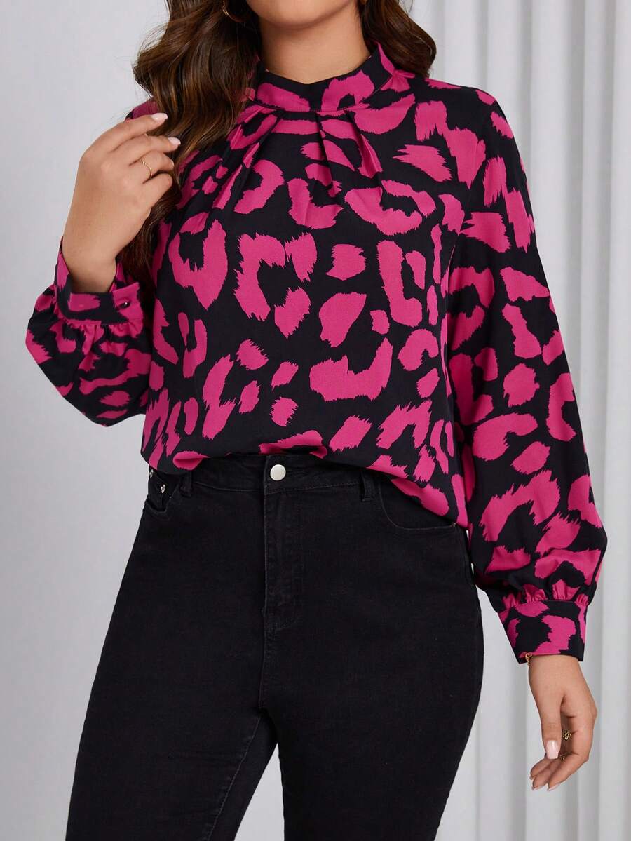 SHEIN Clasi 豹紋印花大碼燈籠袖襯衫 - 玫紅色 - 查看 1