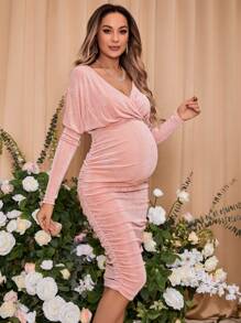 SHEIN Maternity Batwing Sleeve Ruched Bodycon Dress - Pink - View 3