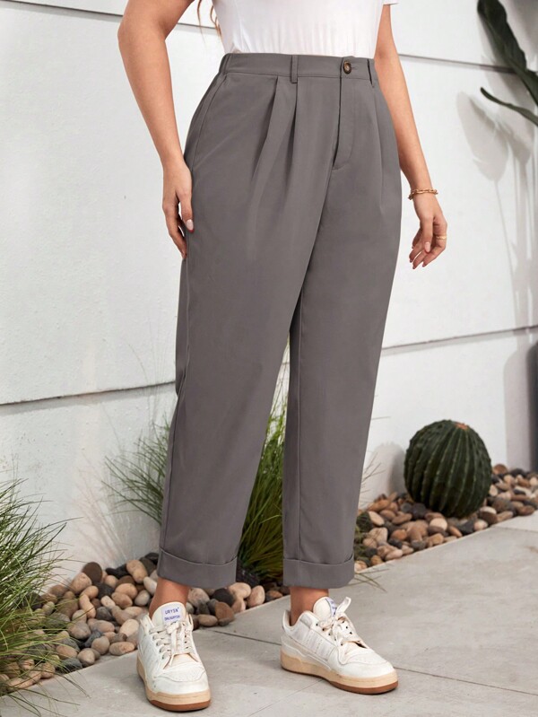 SHEIN LUNE Pantalones Con Dobladillo Con Puños Plisados De Color Liso De Talla Grande