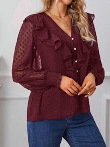 SHEIN Frenchy Swiss Dot Ruffle Trim Button Front Blouse Christmas - Burgundy - View 5