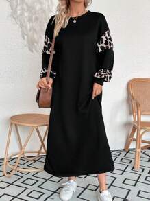 SHEIN VCAY Quý cô Báo In Thẳng Sheath Đầm - màu đen - Xem 1