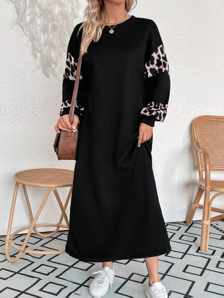 SHEIN VCAY Quý cô Báo In Thẳng Sheath Đầm - màu đen - Xem 1