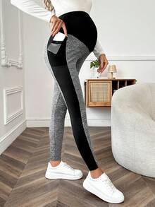 SHEIN 腰圍可調、拼色設計孕婦針織長褲 - 灰色 - 查看 4