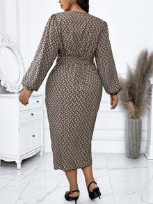 Calvaya Kích thước lớn Của phụ nữ Cổ chữ V Giường đôi In Tay áo lồng đèn Váy quấn - màu nâu - Xem 2