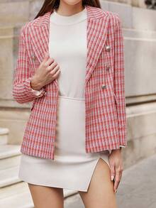 EURMUSE Plaid Print Double Breasted Blazer - Red - View 3