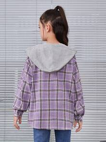 SHEIN Tween 女童落肩格紋連帽襯衫 - 紫色 - 查看 2