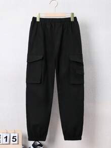 SHEIN 男童運動款實色休閒貨物褲 - 黑色 - 查看 1