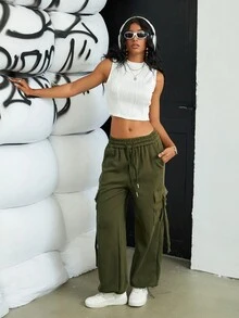 Đường phố Túi có nắp Eo dây rút Buộc Ruy băng Dày lên Lót Vải to sợi Quần thể thao - màu xanh lá - Xem 3