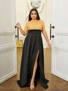 seomiscky Plus-Size Satin Dress With Stand Collar, Half Sleeves, Beaded Decor And Open Slit Design - Black - View 8