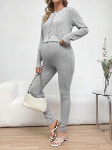 SHEIN 孕婦鈕扣前裝飾上衣,肋結束緊身衣和褲子3件套裝