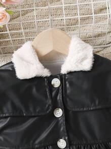 Abrigo De Bebé Para Niñas Con Cuello De Bloques De Color, Botón Y Bolsillos Falsos, Tela Liso, Cálido, Cómodo, Suave Y Adecuado Para La Primavera, Otoño E Invierno. - Negro - Ver 6
