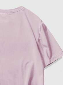 ROMWE MEN Street Life Men Cartoon & Letter Graphic Tee & Striped Trim Drawstring Waist Shorts - Pink - View 5