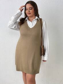 女士加大码休闲纯色V领毛衣背心 - 卡其色 - 查看 1