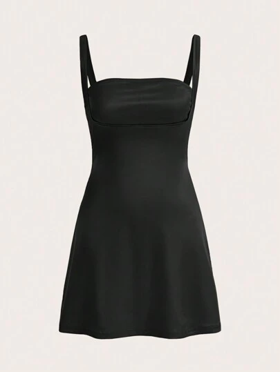 SHEIN EZwear 純色後拉鍊女士胸部拼接絲綢黑色吊帶睡衣裙