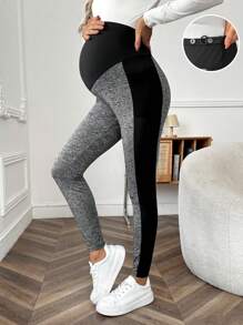 SHEIN 腰圍可調、拼色設計孕婦針織長褲 - 灰色 - 查看 1